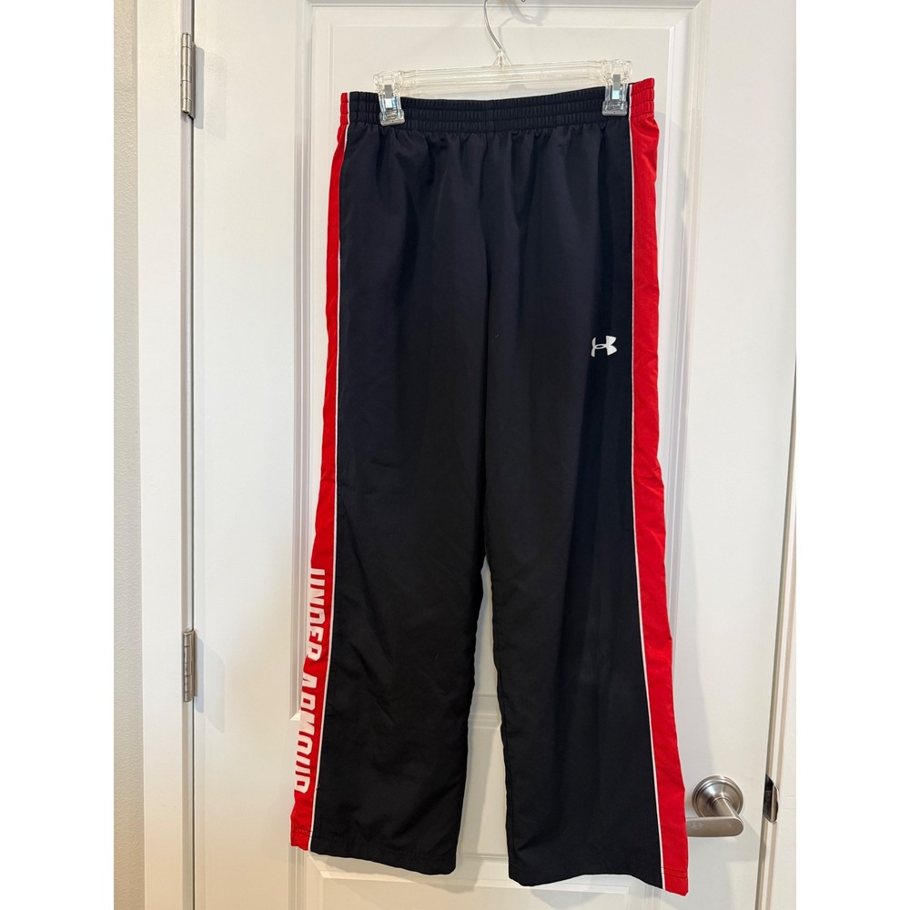 Under Armour Kids XL Black Red White Mesh Lined Loose Fit Track Pants Warm Up